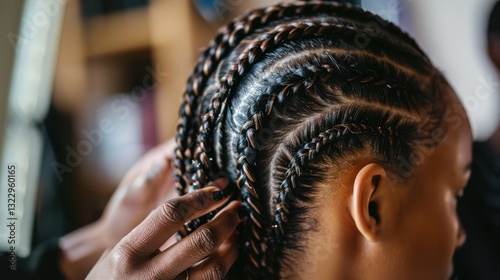 A woman getting her hair braided in intricate designs, highlighting braiding techniques. photo
