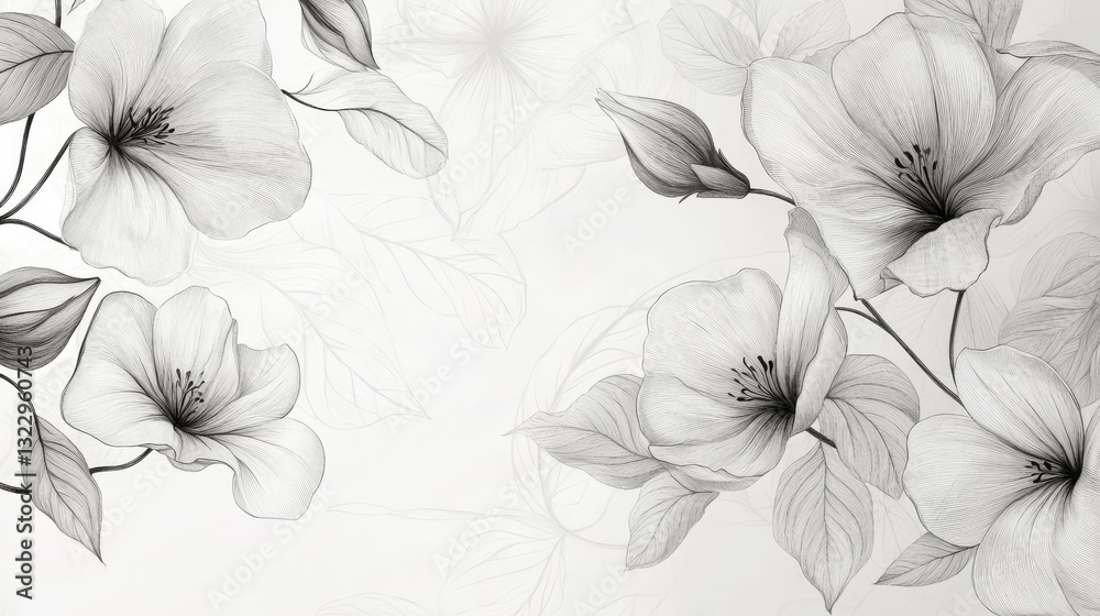 Obraz premium elegant botanical line art collection, delicate pencil sketches, minimalist floral elements, soft gray tones, detailed flower stems and leaves, vintage herbarium style, fine continuous lines, clean