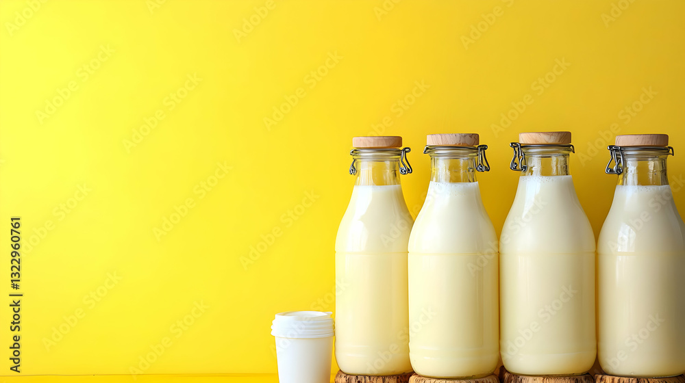 Milk bottles, yellow background, drink Milk bottles, yellow background, drink