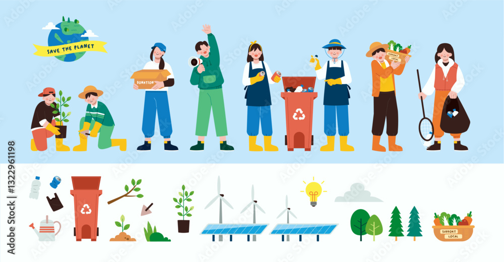 Fototapeta premium Young people volunteer cartoon characters collecting garbage taking care of plants and saving ecology on planet earth vector illustration. Collection of earth day graphic element poster