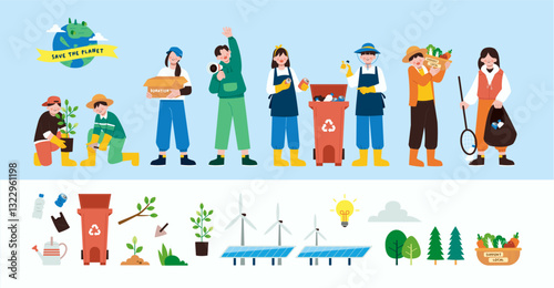 Young people volunteer cartoon characters collecting garbage taking care of plants and saving ecology on planet earth vector illustration. Collection of earth day graphic element poster