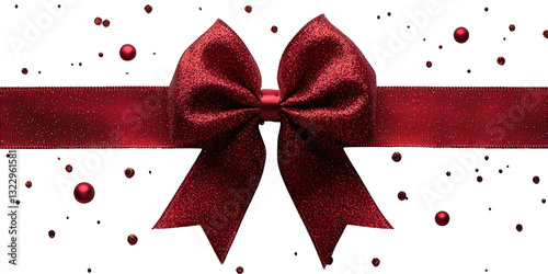 Red ribbon bow, Red gift bows and ribbons, cut out. Elegant satin and organza decorative elements for presents and holidays. Festive packaging accessories in various styles and textures