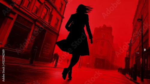 photographic thriller book cover: a shadowy woman running through londonâ€™s streets, red hue, dynamic.