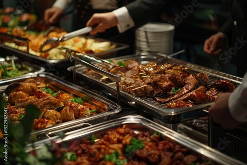 Premium Quality Picture of People Enjoying Buffet Food at a Restaurant, with Grilled Meat
