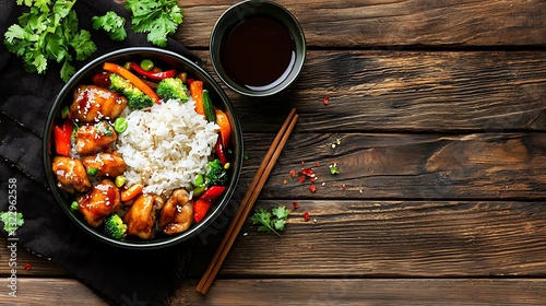 Teriyaki chicken wings served with rice and vegetables on a wooden table