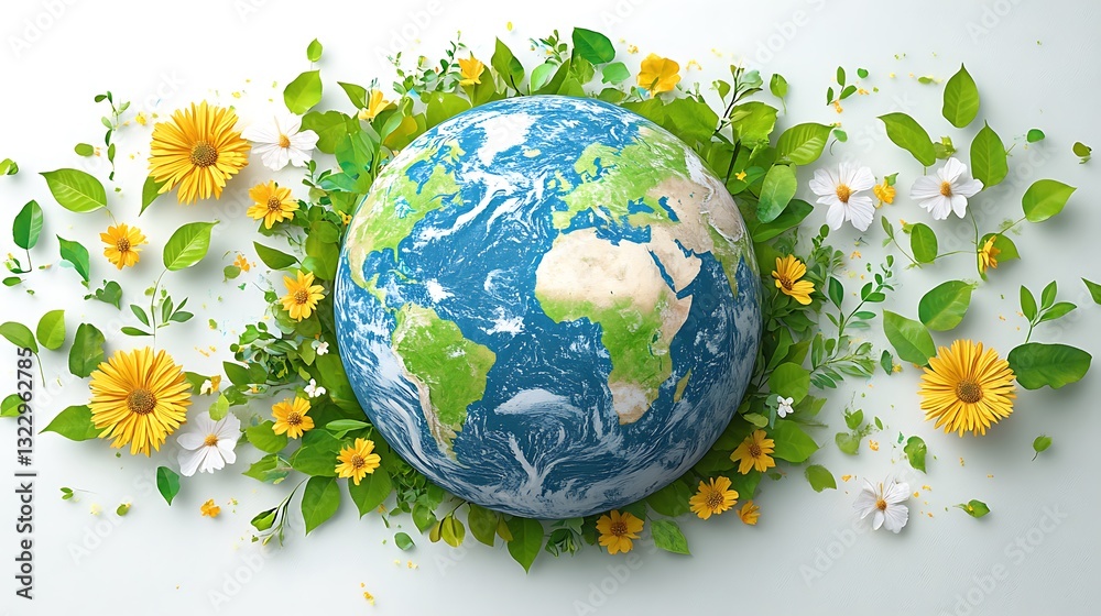 Naklejka premium Beautiful Illustration of Earth Surrounded by Flowers and Plants, green environment and ecology concept