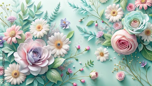 Pastel Floral Arrangement Delicate Roses, Daisies, and Greenery on a Soft Mint Background