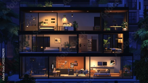 A 3D picture of a modern house at night, showing the inside.
