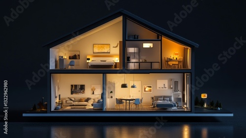 A 3D picture of a modern house at night, showing the inside.
