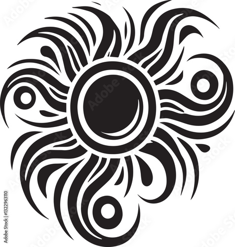Black Tribal Sun Silhouette with Bold Center and Flowing Rays Isolated White Background 