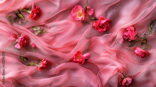 luxurious silk fabric waves with scattered rose blooms, elegant blush pink tones, feminine minimalist composition, gentle textile texture, professional studio lighting, premium fashion editorial