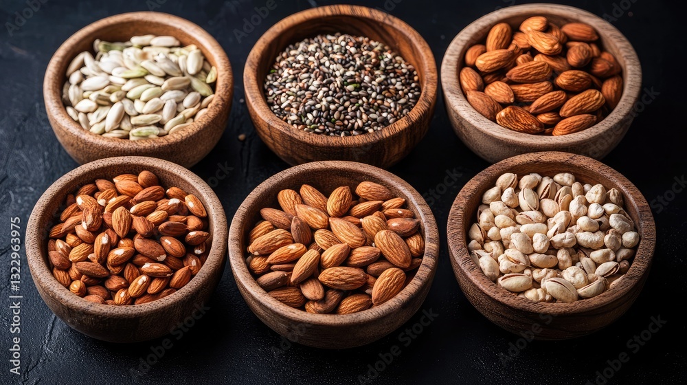 A selection of nutrient-rich nuts and seeds displayed in small wooden bowls. A selection of nutrient-rich nuts and seeds displayed in small wooden bowls.