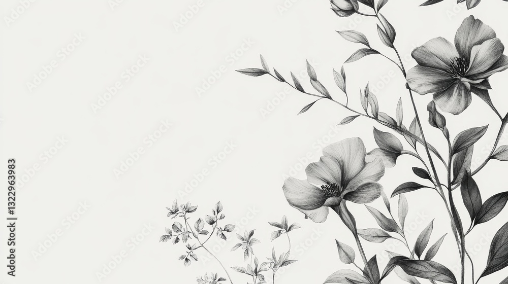 Fototapeta premium luxury hand-drawn botanical elements, delicate floral motifs, minimalist nature sketches, elegant pencil artwork, subtle gray shading, refined botanical collection, high-quality line drawing,