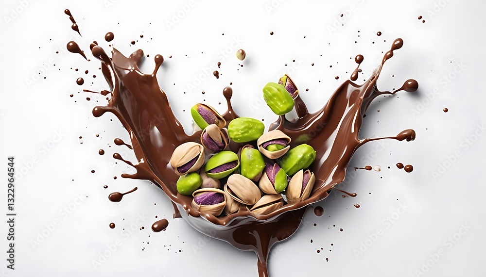 Fototapeta premium Vibrant Chocolate Splash With Pistachios On White Background