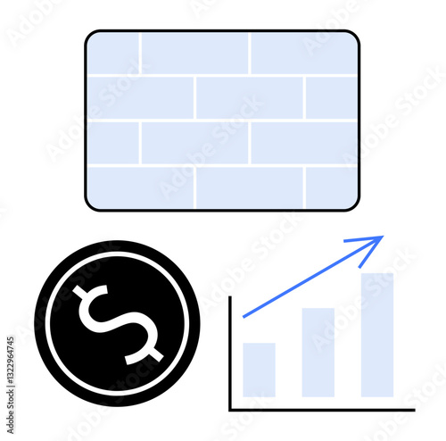 Brick wall, dollar coin, and upward bar graph. Ideal for business, investment, stability, profit, economics progress growth. Geometric flat simple metaphor