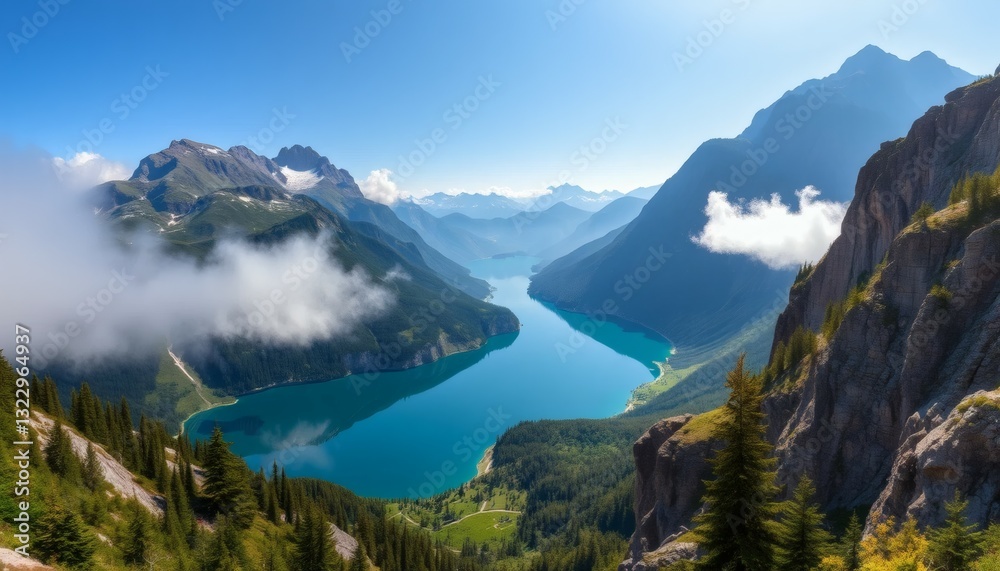 Obraz premium Majestic Mountain Lake with Turquoise Water Surrounded by Green Trees and Cliffs