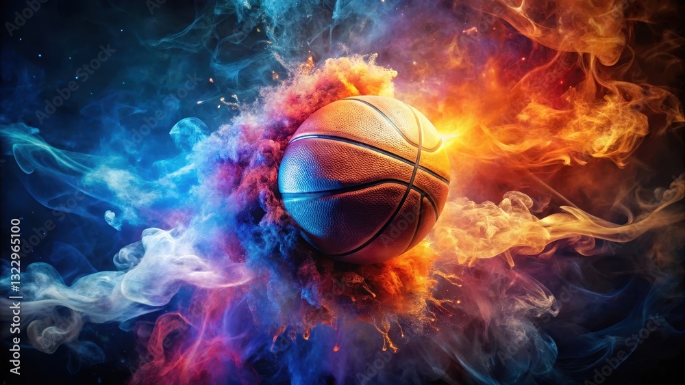 Fiery Basketball in a Whirlwind of Color and Smoke, a Dynamic Composition for Sports Enthusiasts Fiery Basketball in a Whirlwind of Color and Smoke, a Dynamic Composition for Sports Enthusiasts