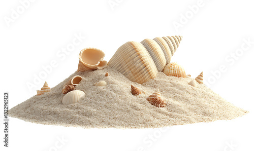 A Sea shell in sand pile isolated on white, side view Transparent PNG,

