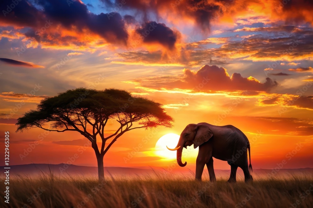 Fototapeta premium Serene Sunset Silhouette of a Lone Elephant by an Acacia Tree in the Savanna