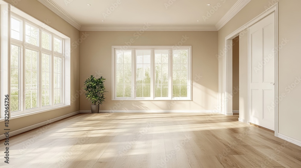 Obraz premium A bright, empty living room with beige walls. 