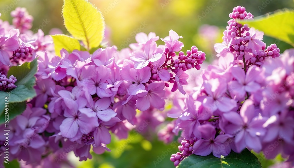 Blooming Lilac Flowers in Spring Garden with Sunlight and Green Leaves Blooming Lilac Flowers in Spring Garden with Sunlight and Green Leaves