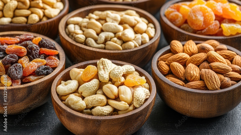 A variety of dried fruits and nuts displayed in wooden serving bowls. A variety of dried fruits and nuts displayed in wooden serving bowls.