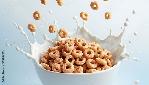 White Ceramic Bowl Overflowing With Cheerios And Milk Splash