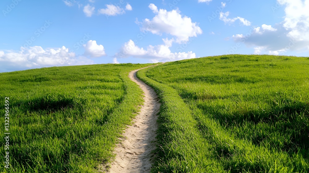 Walking Trail Through Grassy Hill Under a Bright Blue Sky Day Walking Trail Through Grassy Hill Under a Bright Blue Sky Day