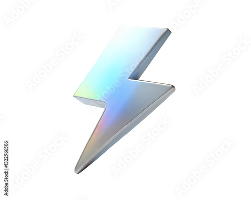 A sleek holographic 3D lightning bolt symbolizing energy, power, electricity, and dynamic force, isolated on white background.