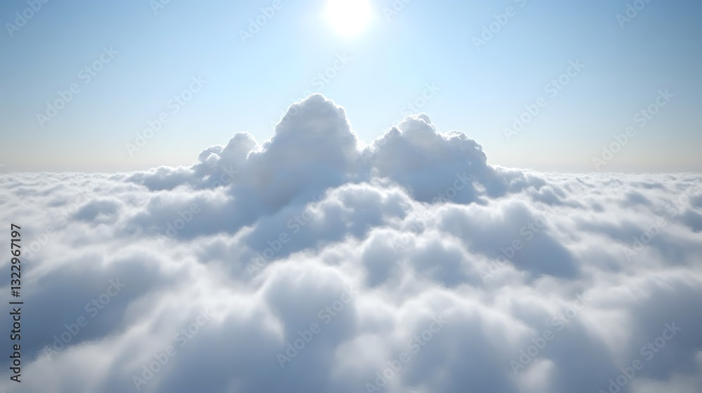 Fototapeta premium Fluffy clouds over height with sun in blue sky above