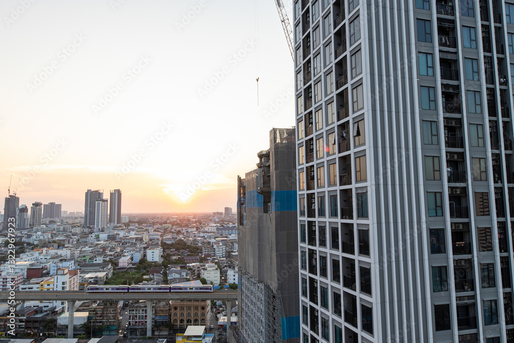 Aerial view of the Bangkok skyline during sunset. Aerial view of the Bangkok skyline during sunset.
