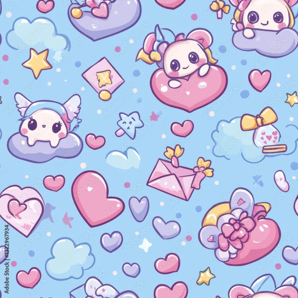 Kawaii-style Valentine pattern featuring cute chibi cupids with oversized eyes, puffy heart clouds, sweet heart-shaped candies and cookies, adorable love letter envelopes with heart stamps, tiny Kawaii-style Valentine pattern featuring cute chibi cupids with oversized eyes, puffy heart clouds, sweet heart-shaped candies and cookies, adorable love letter envelopes with heart stamps, tiny