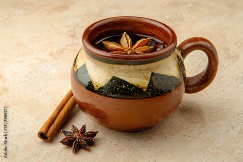 Traditional Indian Masala Tea with spices in a rustic cup on a light background