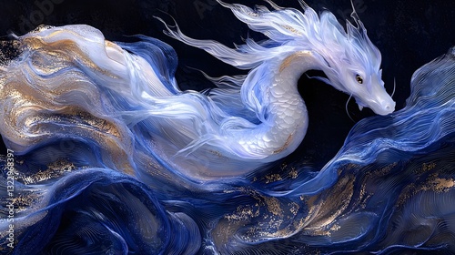 Elegant White Dragon in Blue and Gold Abstract Waves Fantasy Art Digital Painting