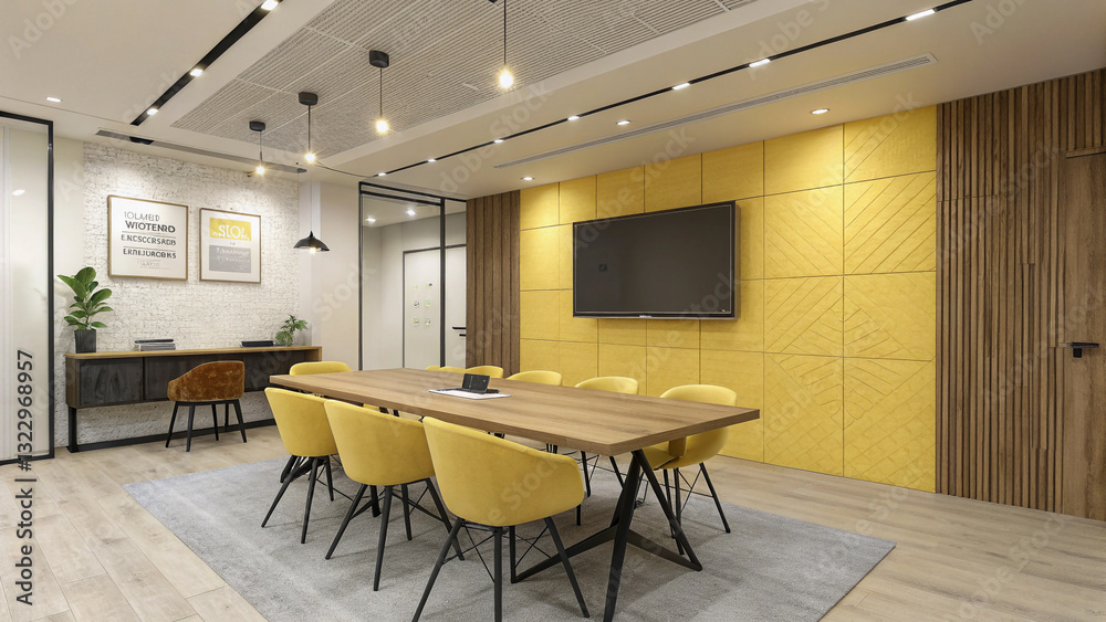 Fototapeta premium Modern Meeting Room with Large Windows and Mustard Yellow Accents