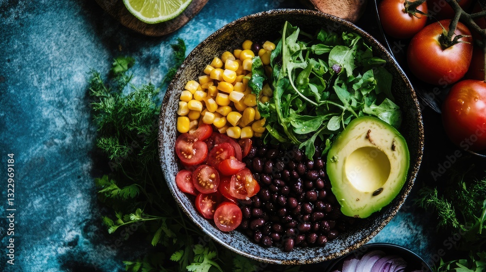 A bowl of black beans, avocado, corn, and tomatoes with a drizzle of lime dressing. A bowl of black beans, avocado, corn, and tomatoes with a drizzle of lime dressing.