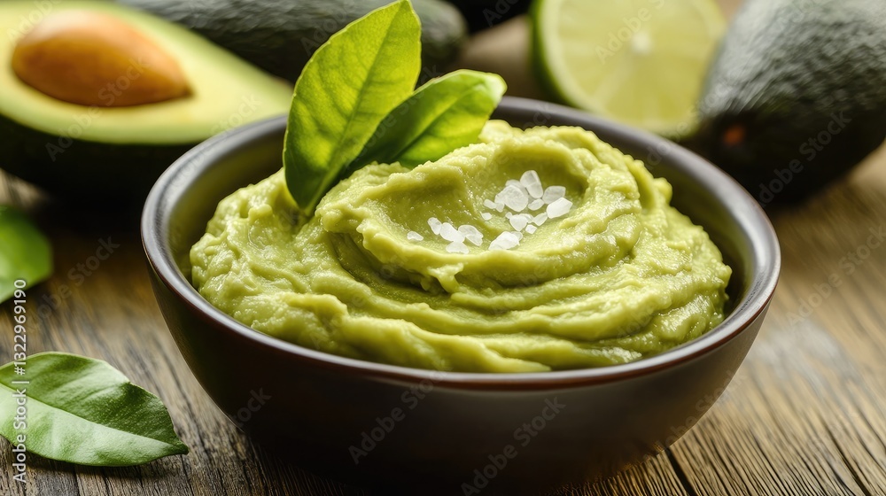 A bowl of creamy mashed avocado with lime and sea salt on a wooden surface. A bowl of creamy mashed avocado with lime and sea salt on a wooden surface.