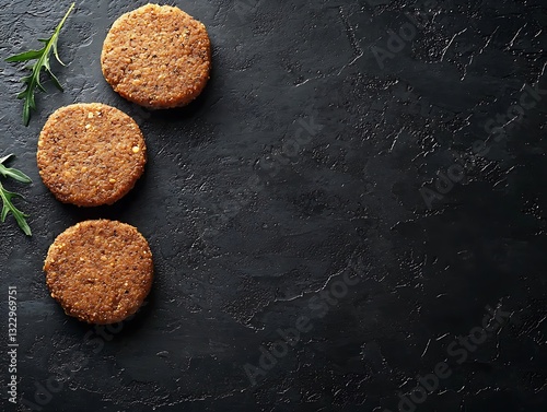 Uncooked plant-based meat burger patties on a black background, viewed from above with text space