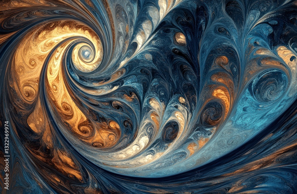 Elegant Abstract Fractal Swirl with Golden and Blue Tones Design Elegant Abstract Fractal Swirl with Golden and Blue Tones Design