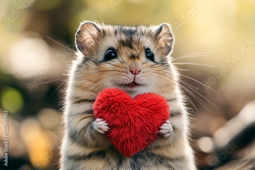 Cute hamster baby with fluffy red heart on in a natural habitat. Hamster - my cherished animal. Commercial animal idea creative design idea. Love in the forest. Loving animals. Wild lovebird.