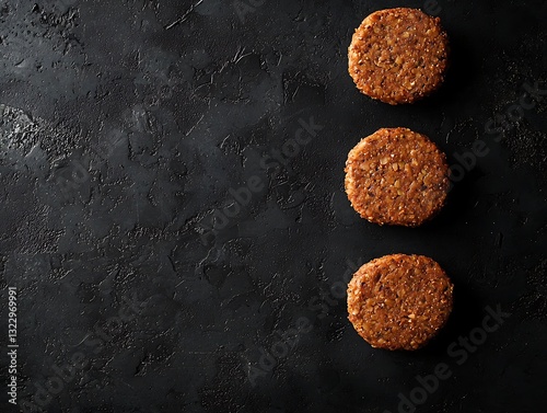 Uncooked plant-based meat burger patties on a black background, viewed from above with text space