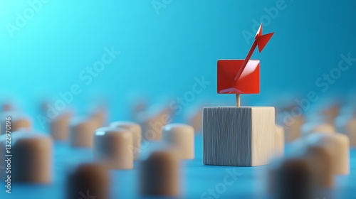 Unique thinking concept with an individual standing out from the crowd, symbolized by a wooden block with an arrow on a blue background