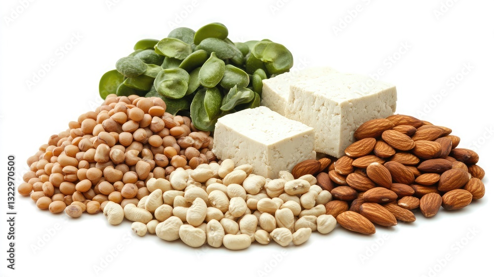 A collection of plant-based protein sources including lentils, tofu, nuts, and beans. A collection of plant-based protein sources including lentils, tofu, nuts, and beans.