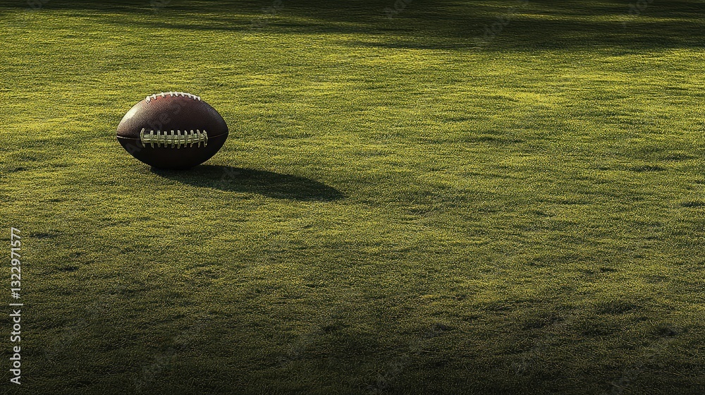 A freshly cleaned football placed perfectly in the middle of the field, ready for kickoff.