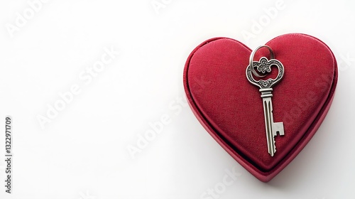 Valentinea??s Day gift concept: heart-shaped box with house key on white