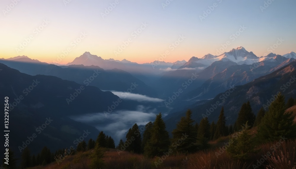 Obraz premium Majestic Mountain Range at Sunset with Alpine Fir Trees and Vibrant Colors