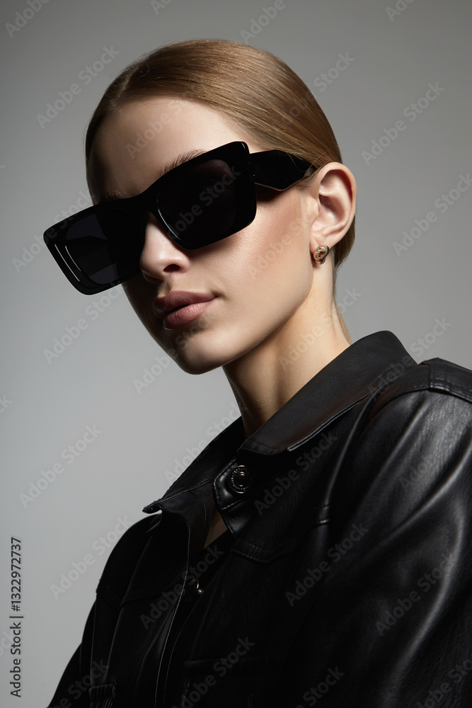 Beautiful young woman in sunglasses. blond girl in black glasses and leather coat