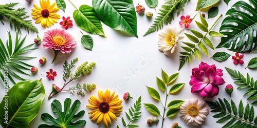 Flat Lay Nature Elements: Bold Leaves & Flowers on White Background, High-Angle View, Copy Space