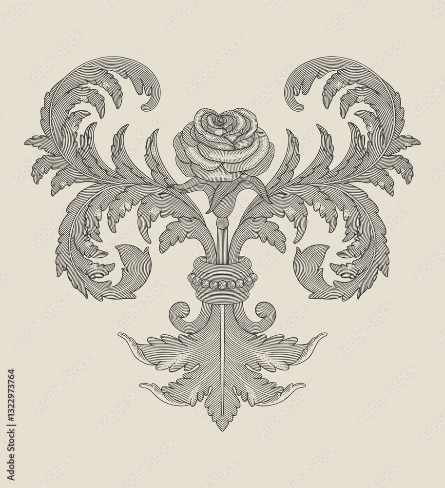 Fototapeta premium Rose flower with floral ornament, Vintage engraving drawing style illustration