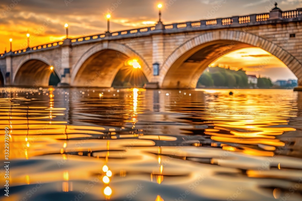 Golden Sunset Hues Reflecting on Tranquil Waters Beneath an Elegant Stone Arch Bridge Golden Sunset Hues Reflecting on Tranquil Waters Beneath an Elegant Stone Arch Bridge